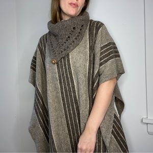 Vintage Blanket Cape with Tan Stripes and Fringe
